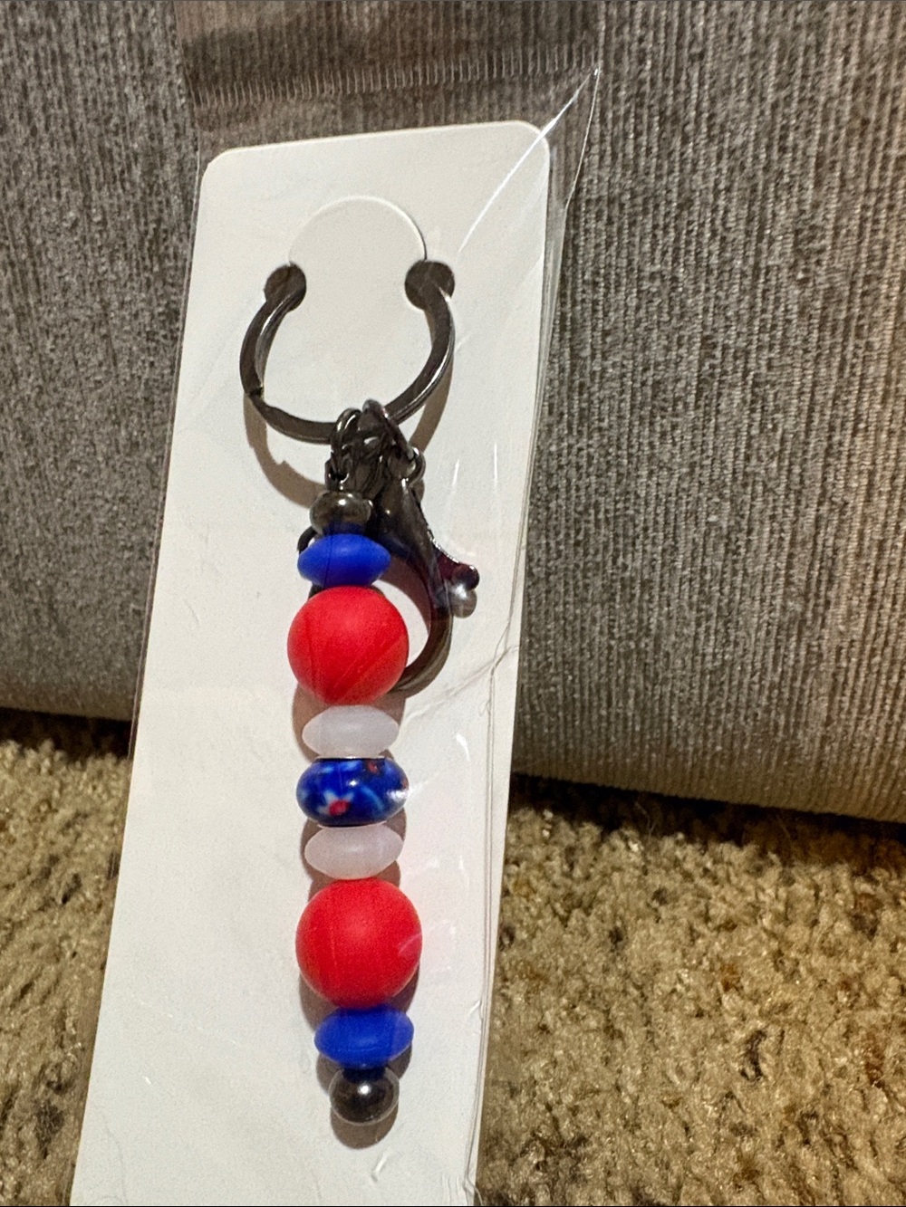 Hand Crafted Red White and Blue Bead Drop Keychain Gun Metal Hardware - New